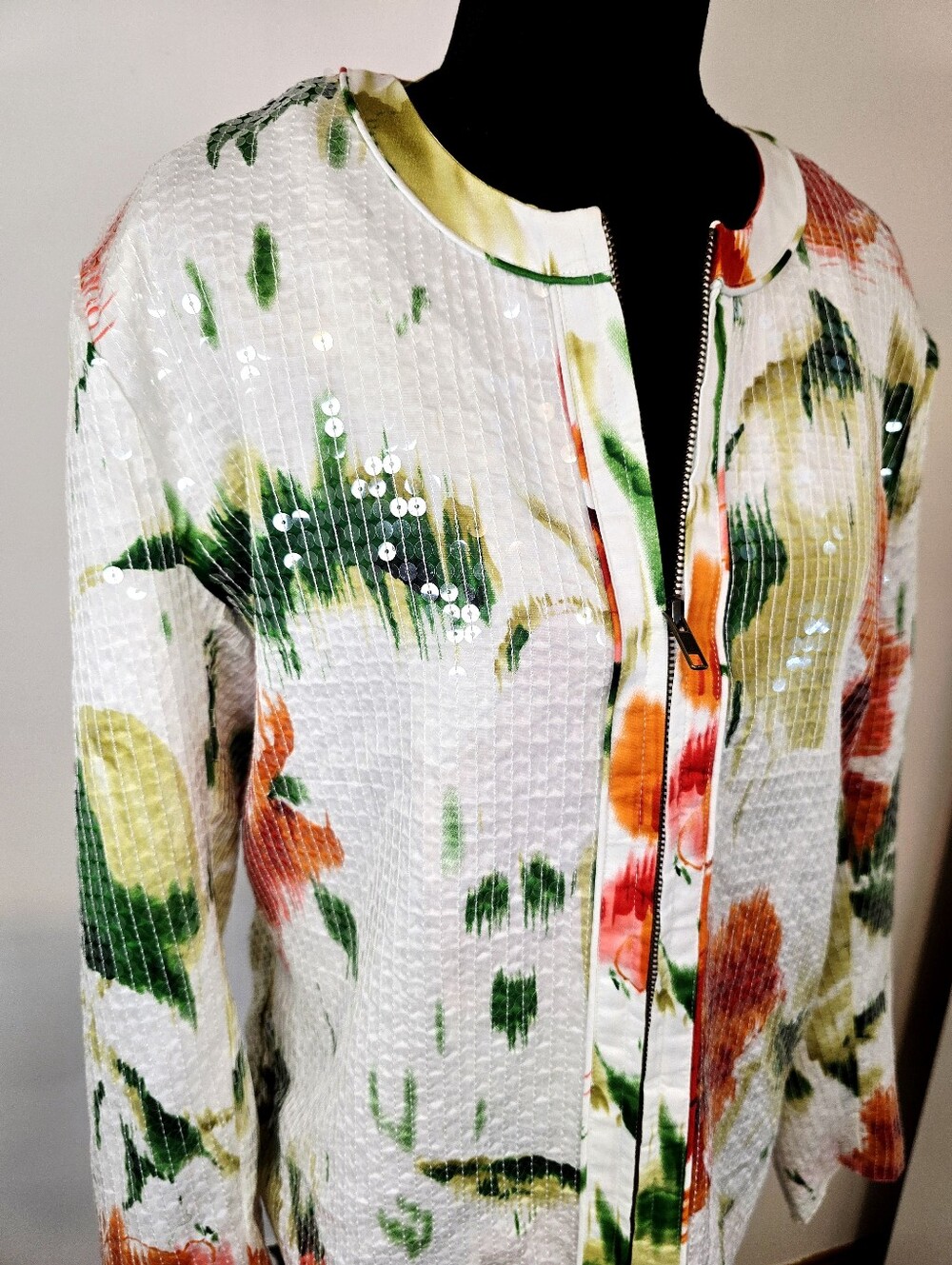 Chico’s Tropical Sequin Textured Zip Jacket Resort Coastal Cruise Cotton Glam - Picture 3 of 9